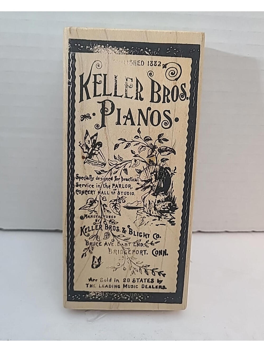 Rubber Craft Stamp Keller Bros Pianos Music Floral Themed EUC 5.5 In X 2.5 In